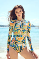 Axesea Women Front Zip Long Sleeve Ruched One Piece Swimsuit