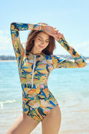 Axesea Women Front Zip Long Sleeve Ruched One Piece Swimsuit