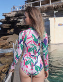 Axesea Women Front Zip Long Sleeve Ruched One Piece Swimsuit