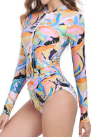 Axesea Women Front Zip Long Sleeve Ruched One Piece Swimsuit