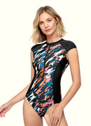 Tide Front Zipper Retro One Piece Sleeveless Swimsuit