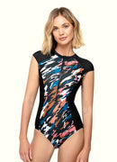 Tide Front Zipper Retro One Piece Sleeveless Swimsuit