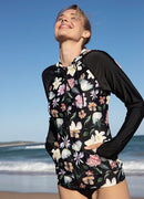 Coral Flower Hoodie Rash Guard UPF 50 Long Sleeve Swimsuit Top——Argentina Artist x Axesea