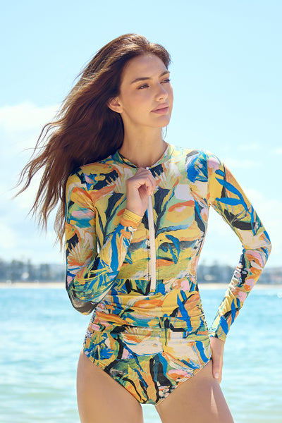 Axesea Women Front Zip Long Sleeve Ruched One Piece Swimsuit