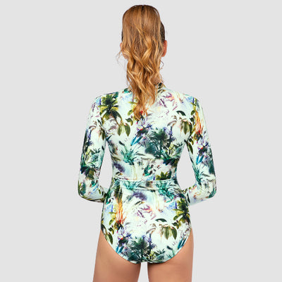 Side Ruching Long Sleeve One Piece Swimsuit — Coconut Palm