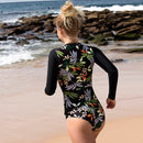 Side Ruching Long Sleeve One Piece Swimsuit — Tropical midnight